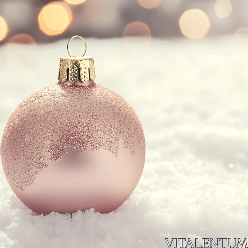 Festive Pink Christmas Bauble on Snowy Background AI Image