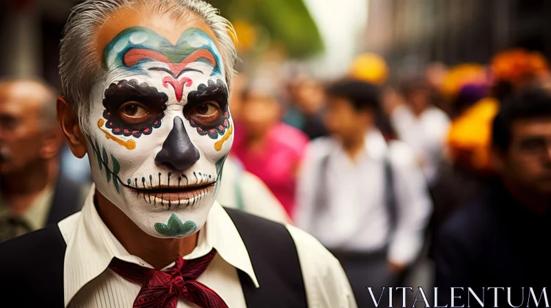Captivating Street Scene: Man with Sugar Skull Makeup in a Crowded Street AI Image
