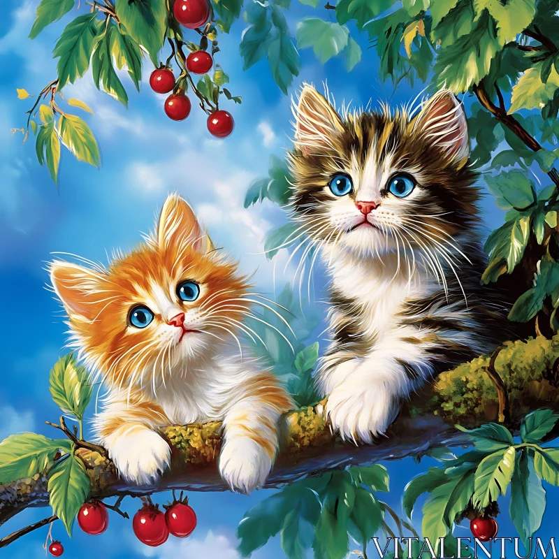 Adorable Blue-eyed Kittens with Cherries AI Image