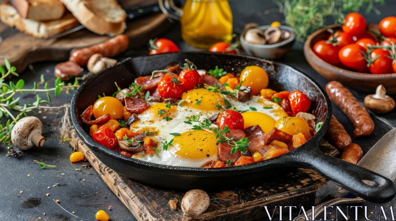 Delicious Breakfast of Eggs, Bacon, Mushrooms, and Tomatoes AI Image