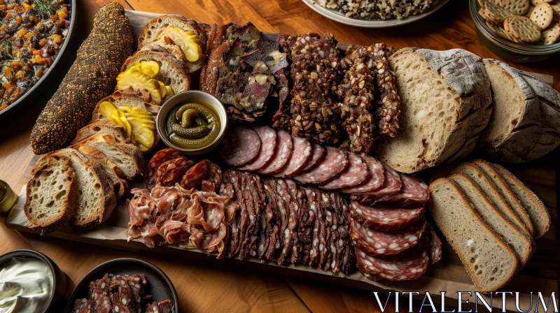 Delicious Charcuterie Board with Cured Meats, Breads, and Pickles AI Image