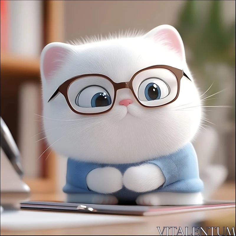 Cute White Kitten Wearing Glasses AI Image