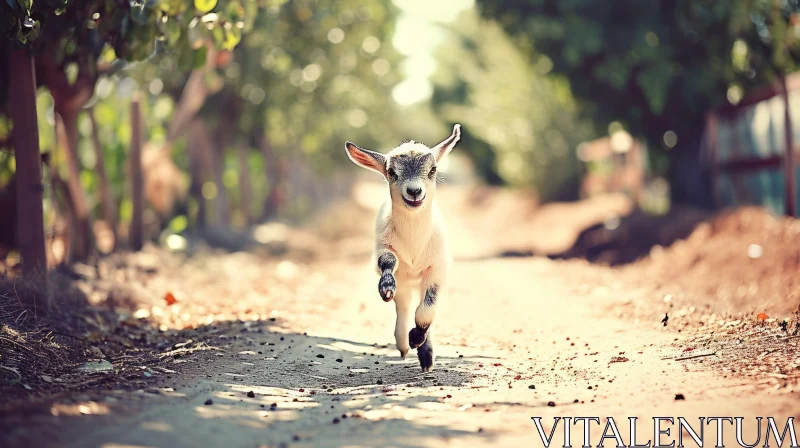 Enchanting Encounter: Baby Goat Running on a Rural Road AI Image