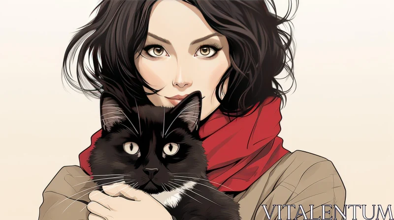 AI ART Enchanting Portrait of a Young Woman with a Black Cat