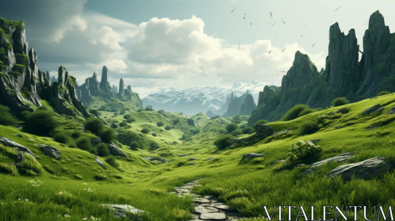 Fantasy Digital Landscape: An Enchanting Wilderness in Rendered Imagery AI Image