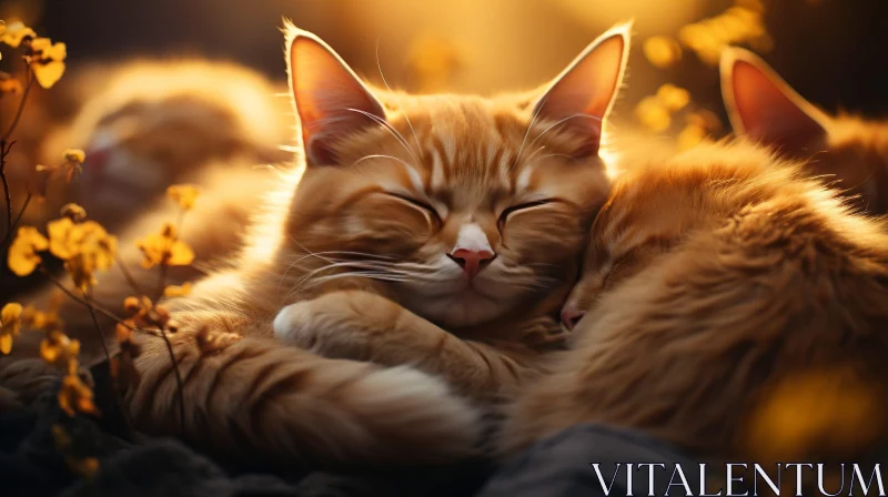 Orange Tabby Cats Sleeping in Field of Flowers at Sunset AI Image