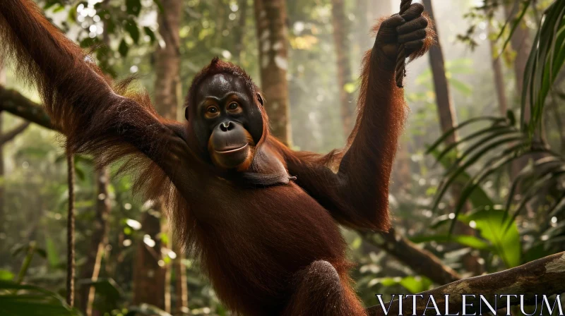 Orangutan Hanging in Jungle: Capturing the Essence of Wildlife AI Image