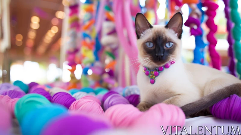 Siamese Cat with Blue Eyes and Pink Collar AI Image
