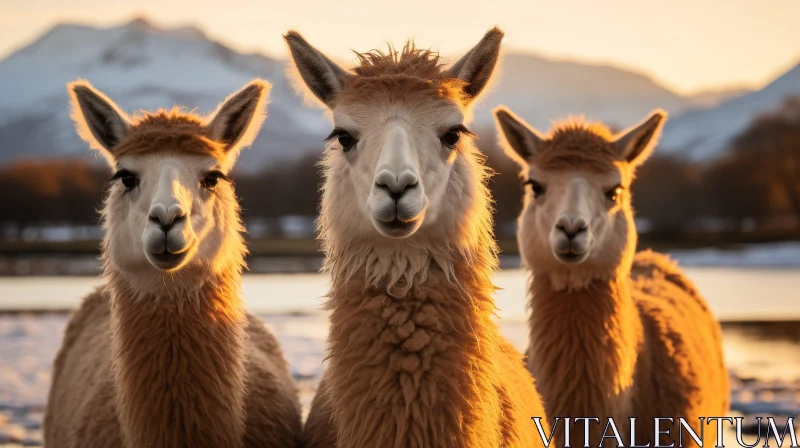 Three Llamas in Field at Sunset AI Image