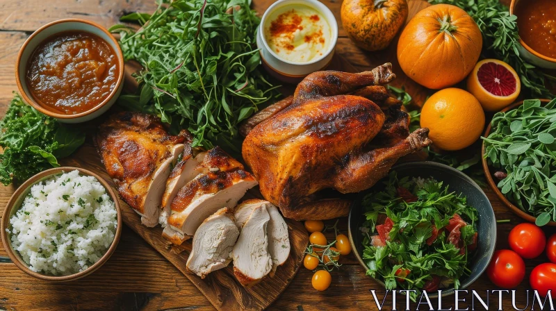Warm and Inviting Food Still Life with Roasted Turkey and Side Dishes AI Image
