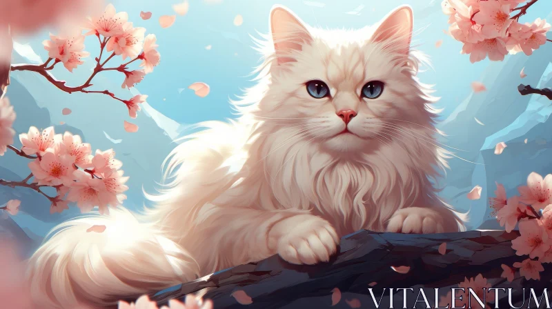 White Cat on Rock with Cherry Blossoms - Dreamlike Digital Painting AI Image