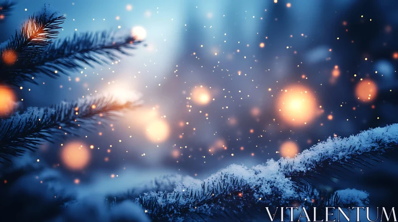 Pine Branches and Bokeh Lights in a Winter Wonderland AI Image