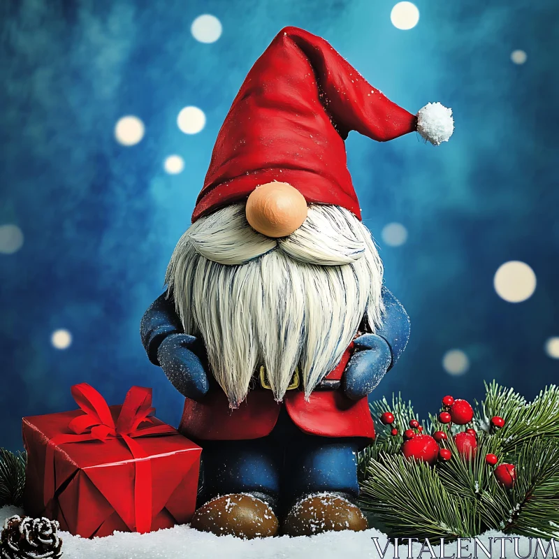 Christmas Gnome with Red Gift Box and Snowy Background AI Image