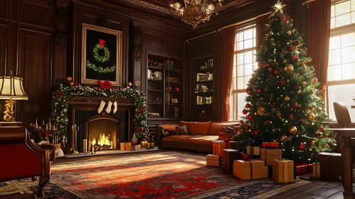 Festive Fireplace and Tree Scene