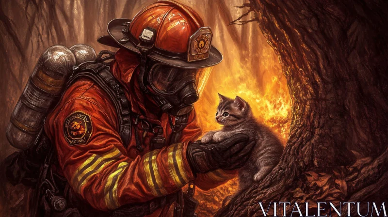 Heroic Firefighter Saves Kitten in Forest Fire AI Image