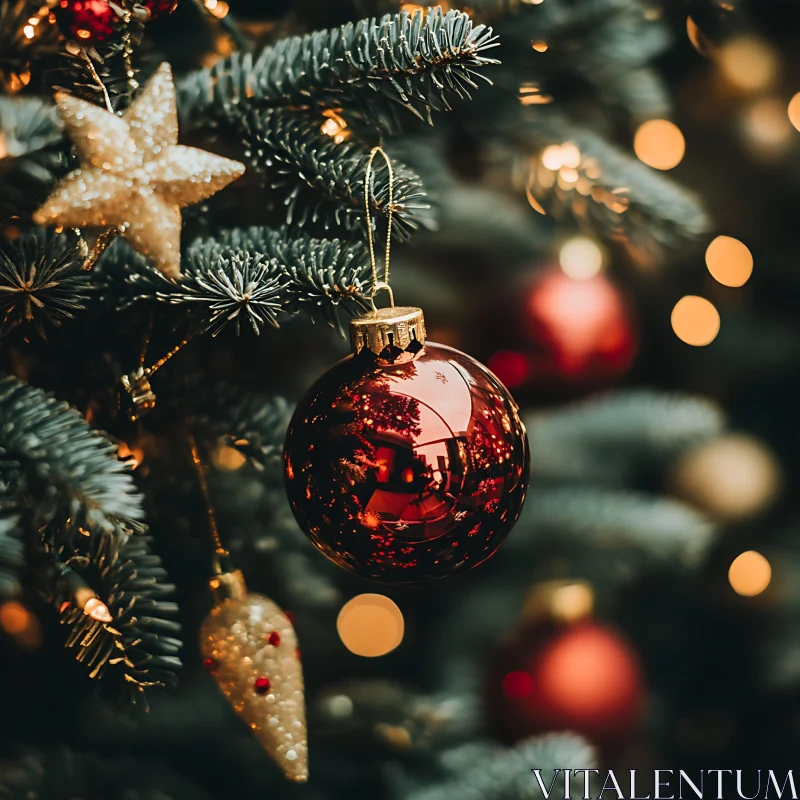 Festive Holiday Decor on Christmas Tree AI Image