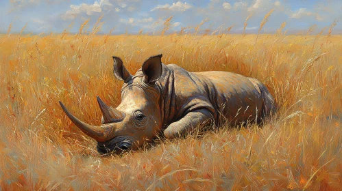 Rhinoceros Resting in Grassland