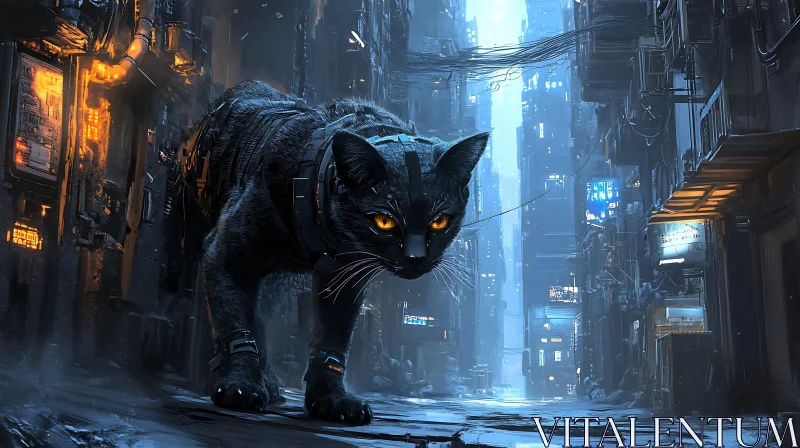 Cyberpunk Feline in Neon Urban Landscape AI Image