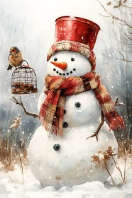 Winter Wonderland: Snowman with Bird and Snowfall