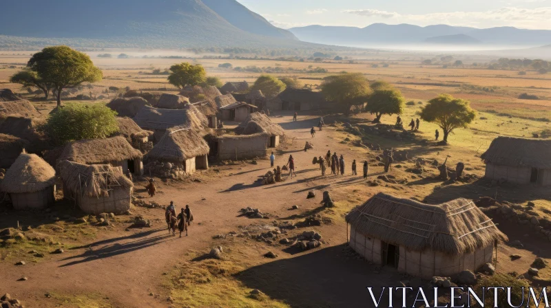 Aerial View of Ancient Village with Huts | Golden Light | Staged Scenes AI Image