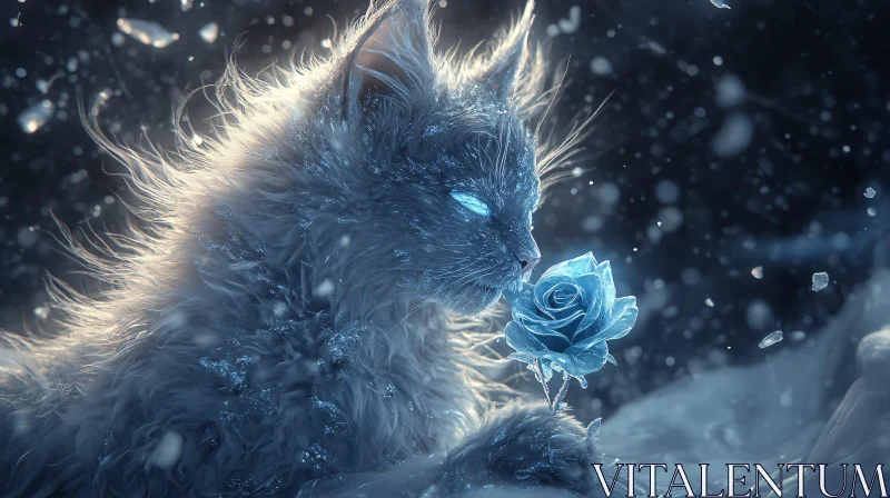 AI ART Mystical Cat and Glowing Blue Rose