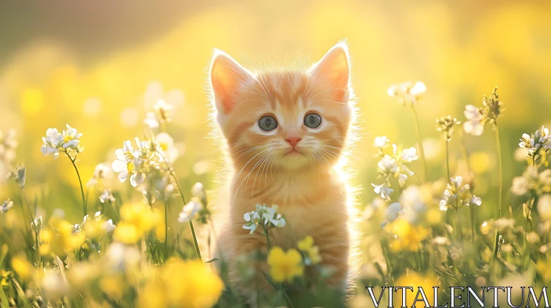 Innocent Kitten in Sunlit Flower Meadow AI Image