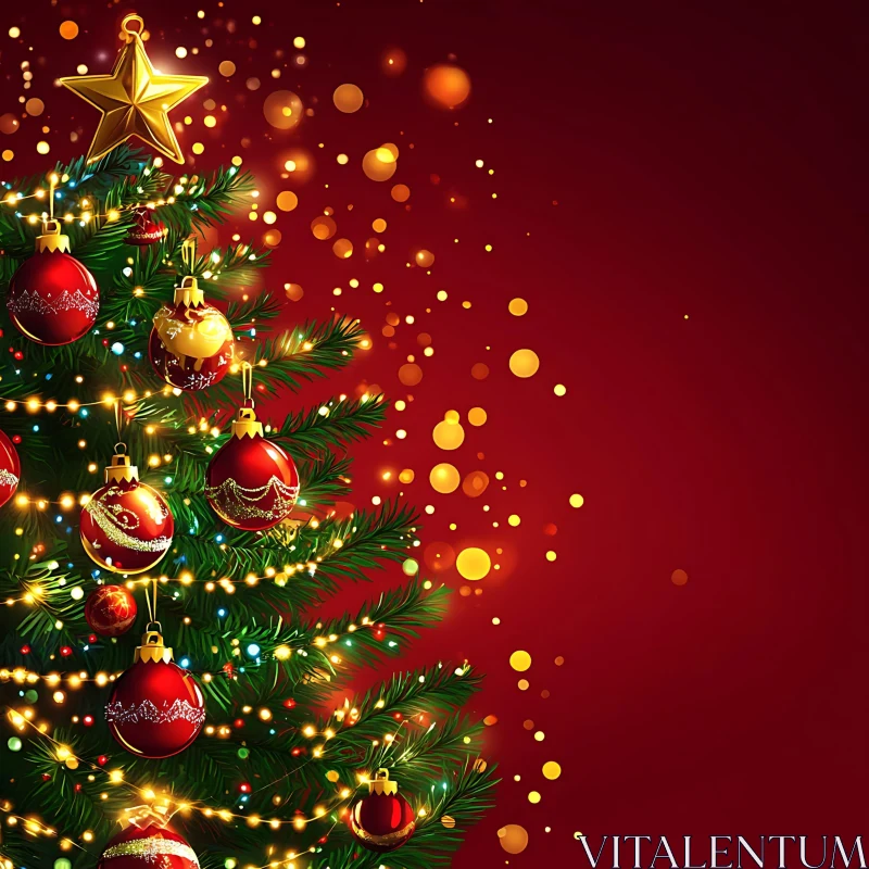 Festive Christmas Tree with Red Ornaments and Golden Star AI Image