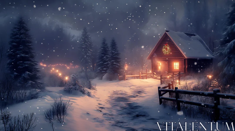 AI ART Cozy Winter Cabin with Holiday Lights and Snow