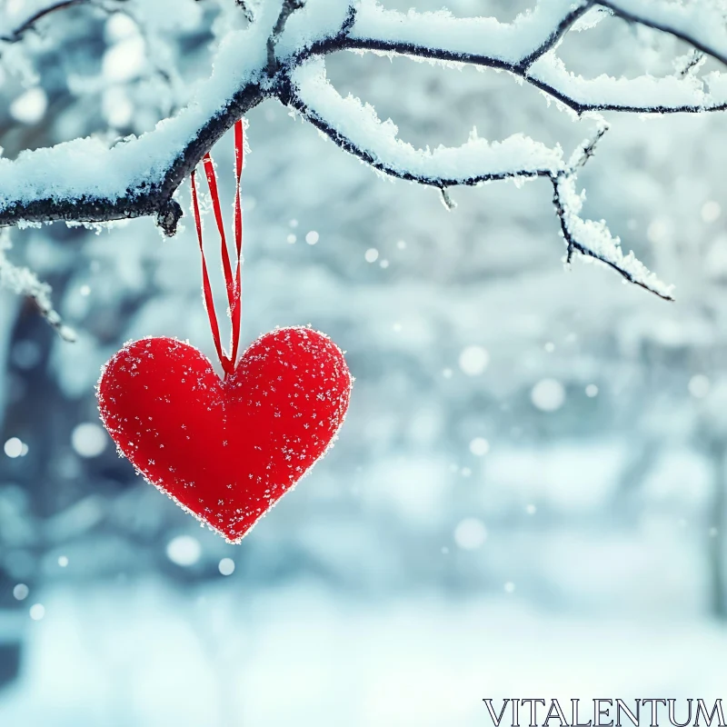 AI ART Winter Love: Heart Hanging on a Snowy Branch