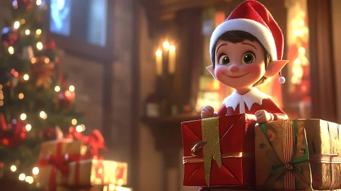 Cute Elf by the Christmas Tree with Presents