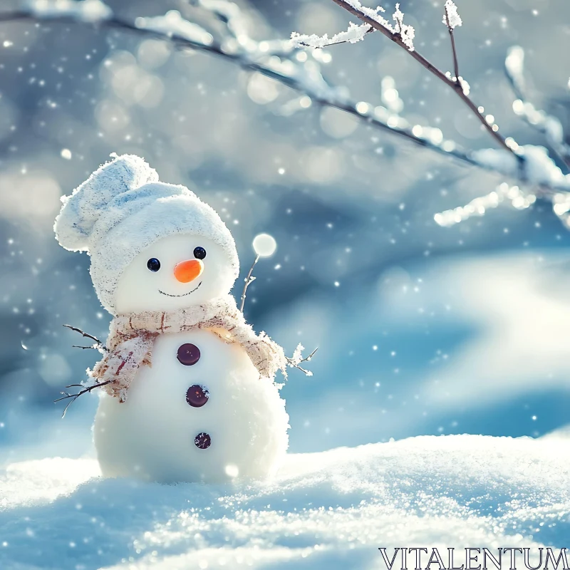 Cute Snowman Adorned with Scarf and Hat in Snowy Scene AI Image