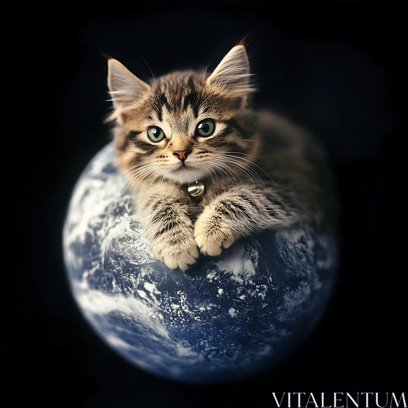 Cosmic Kitten Resting on Tiny Earth AI Image