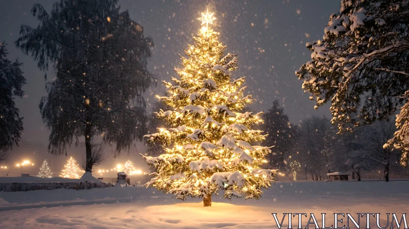 AI ART Beautifully Lit Tree in a Snowy Winter Night