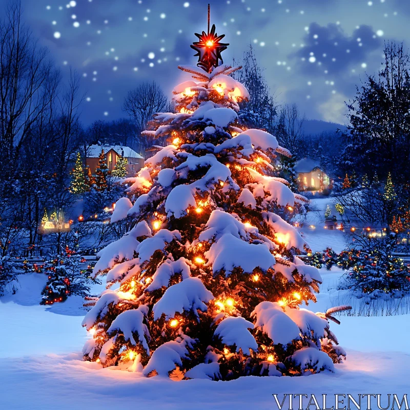 Festive Christmas Tree in Winter Wonderland AI Image