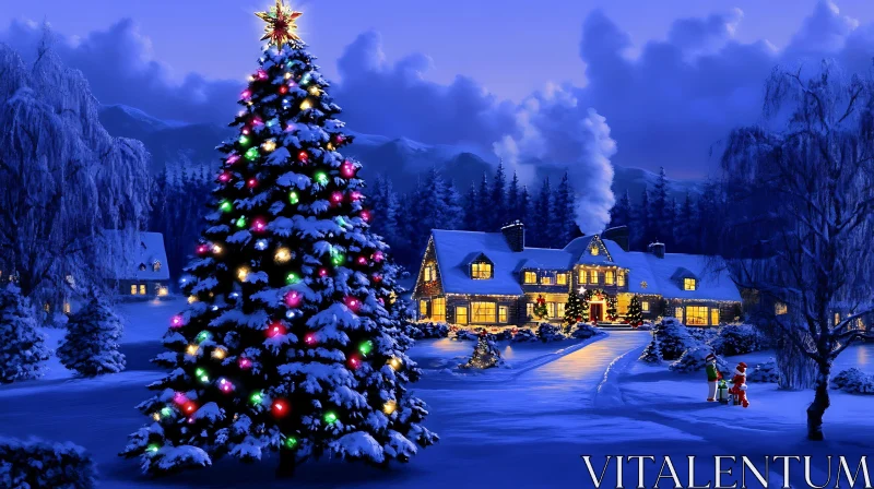 Holiday Scene with Christmas Tree and Snow-Covered House AI Image