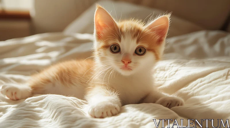 Adorable Kitten in Sunlight on White Bed AI Image