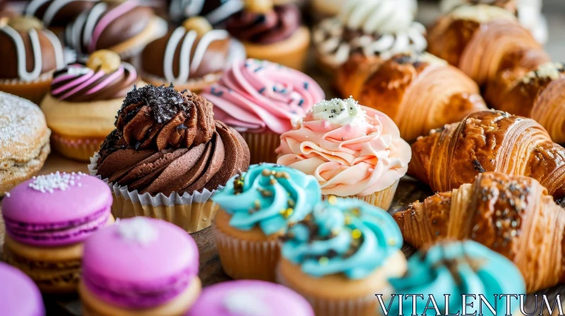 Colorful Cupcakes and Croissants on a Table - Close-up Image AI Image