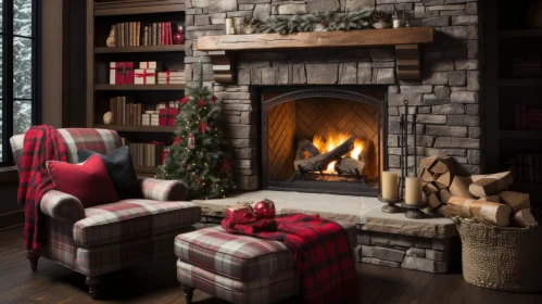Cozy Christmas Living Room with Stone Fireplace and Plaid Furniture