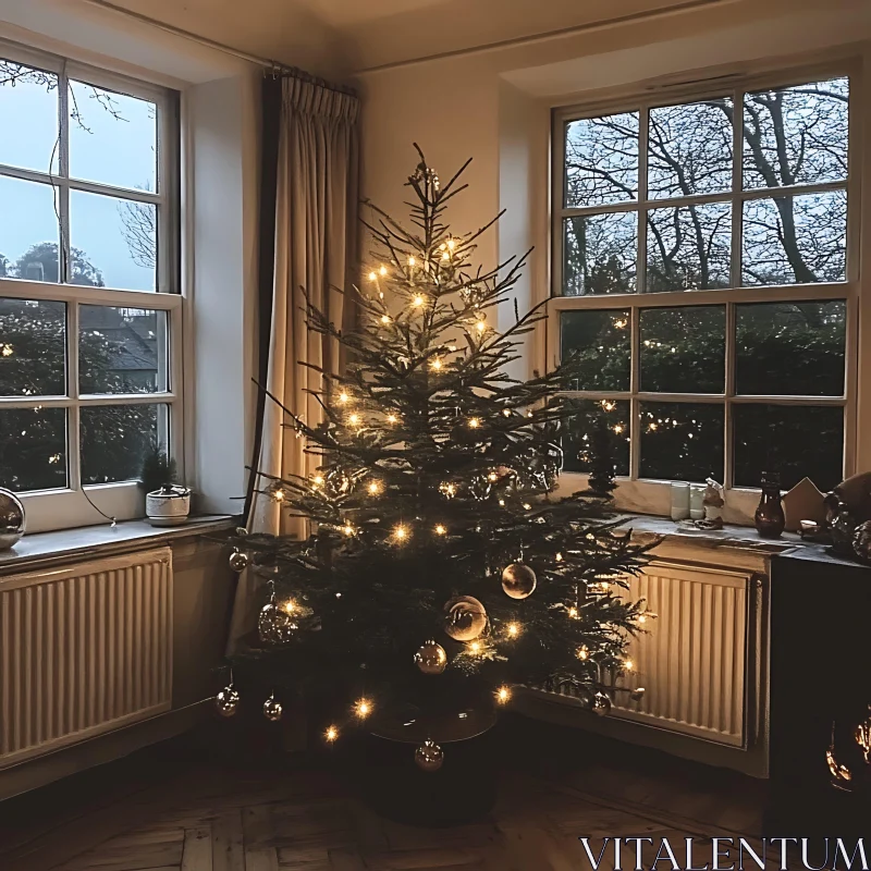 Christmas Tree with Warm Lights in Cozy Room AI Image