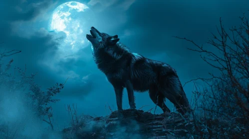 Majestic Night Scene: Wolf Howling at Moon on Rocky Hilltop