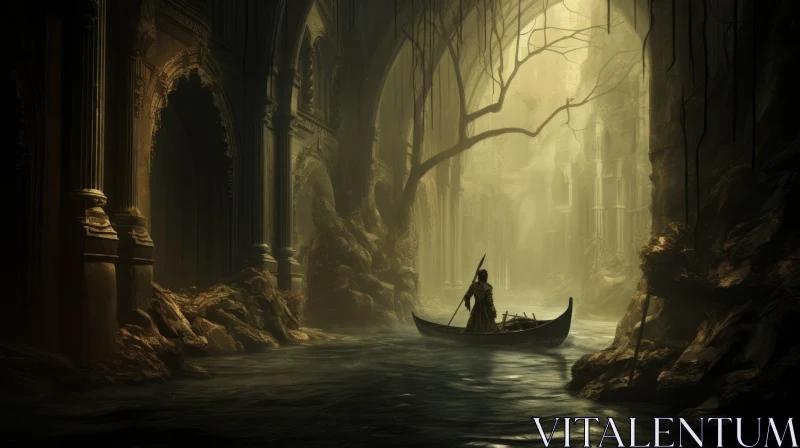 Mysterious Gothic Scene: A Man in a Boat by the River AI Image