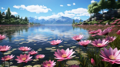 Pink Lotus Flowers and Tranquil Lake - Nature's Fantasy Artwork