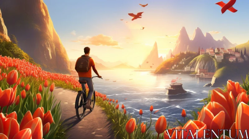 Serene Lake Bike Ride with Blooming Tulips - Spatial Concept Art AI Image