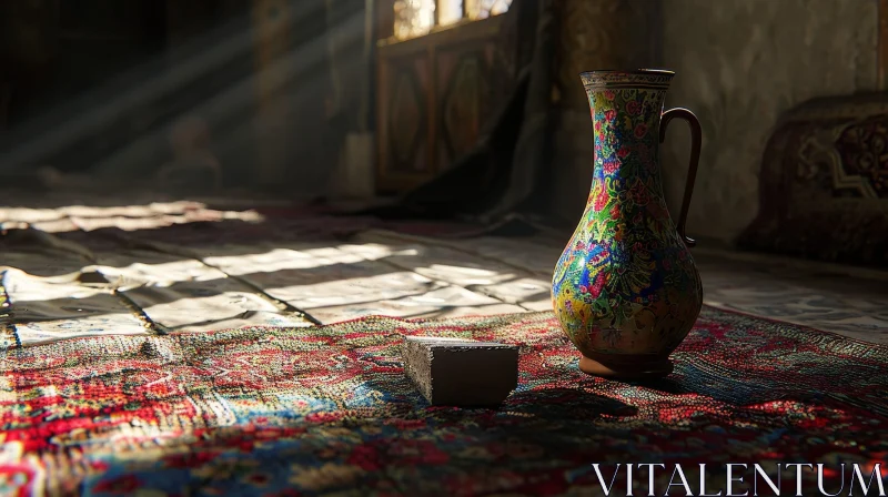 Vibrant Ceramic Vase on Colorful Carpet | Captivating Still Life AI Image