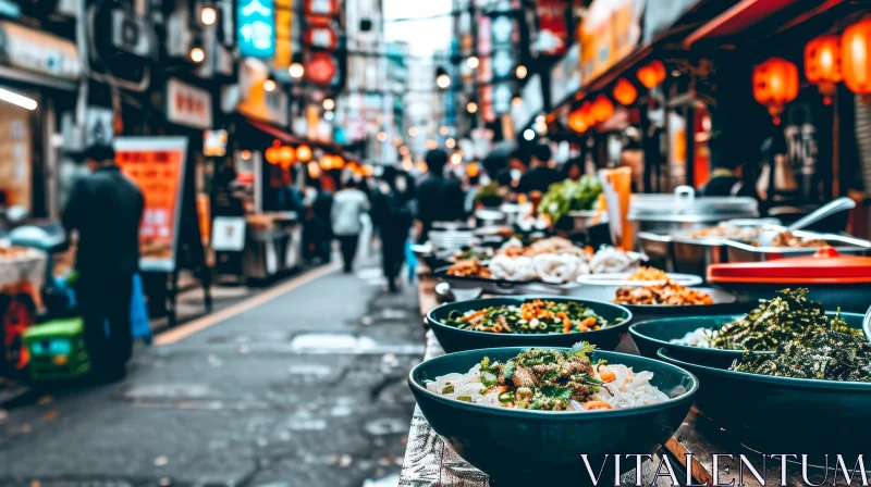 Vibrant Street Scene in an Asian City | Food Stalls and Traditional Asian Dishes AI Image