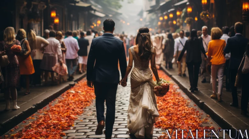 Wedding Walk on Cobblestones Amidst Traditional Setting AI Image