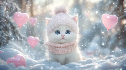 Charming Winter Kitten with Pink Hat and Balloons