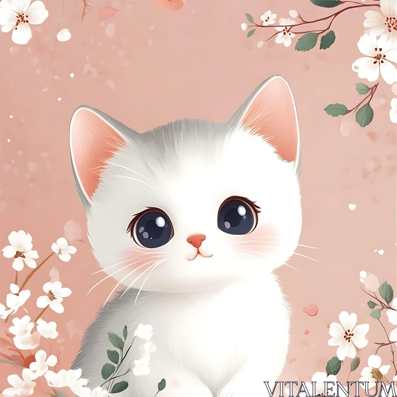 Charming Kitten and Blossoms Illustration AI Image