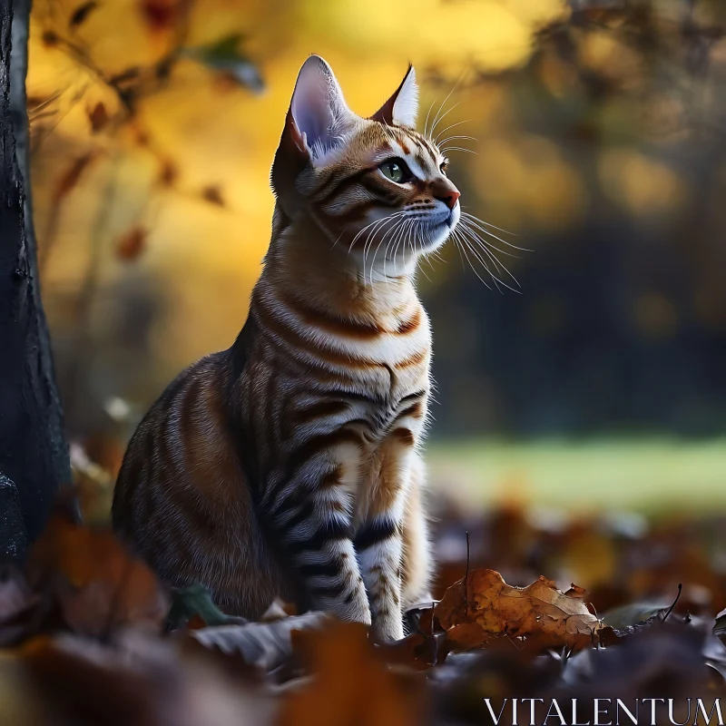 Alert Cat in Serene Autumn Setting AI Image