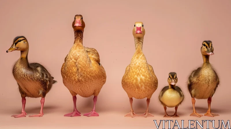 Adorable Family of Ducks on Pink Background AI Image